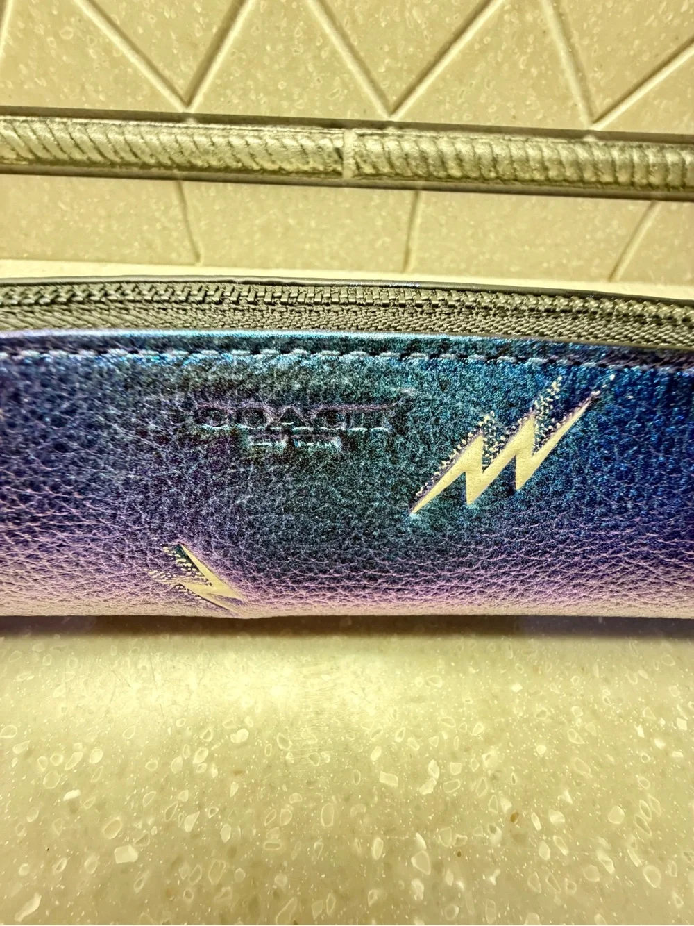 Coach Iridescent Blue Purple Lightning Print Pencil Case